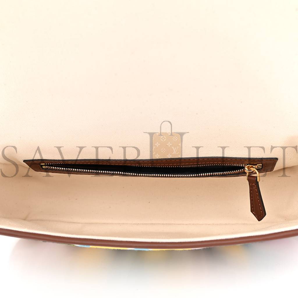 FENDI X SARA COLEMAN CANVAS VITELLO KING SETA FF FISH EYE EMBROIDERED BAGUETTE GREZZO MULTICOLOR GHIANDA (28*15*6cm) FENDI X SARA COLEMAN CANVAS VITELLO KING SETA FF FISH EYE EMBROIDERED BAGUETTE GREZZO MULTICOLOR GHIANDA (28*15*6cm)