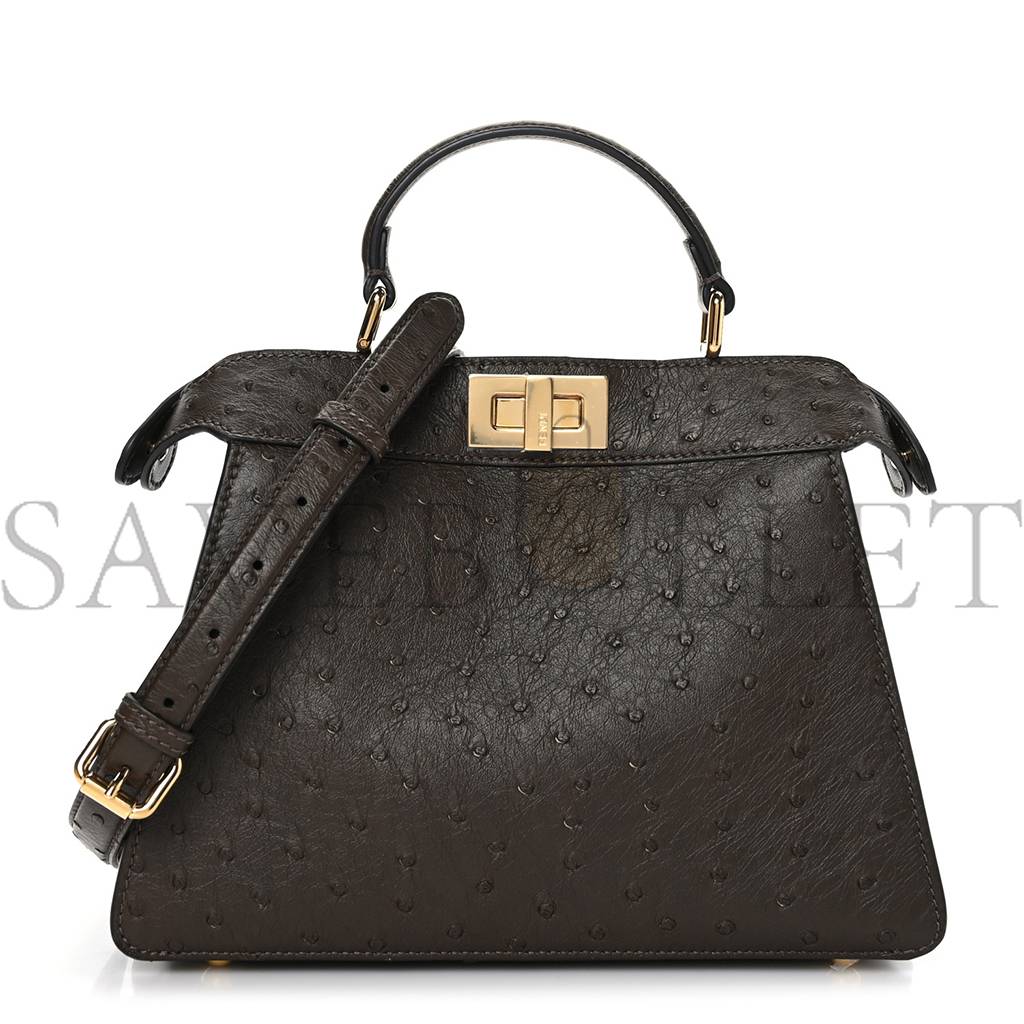FENDI OSTRICH SHINY NAPPA SMALL PEEKABOO I SEE U SATCHEL DARK BROWN (27*20*11cm) FENDI OSTRICH SHINY NAPPA SMALL PEEKABOO I SEE U SATCHEL DARK BROWN (27*20*11cm)