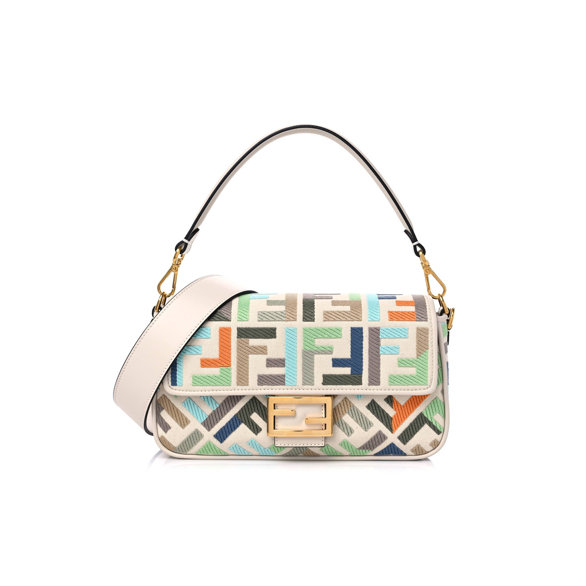 FENDI KUBAN CANVAS VITELLO KING FF EMBROIDERED BAGUETTE LATTE MULTICOLOR (27*13*6cm) FENDI KUBAN CANVAS VITELLO KING FF EMBROIDERED BAGUETTE LATTE MULTICOLOR (27*13*6cm)