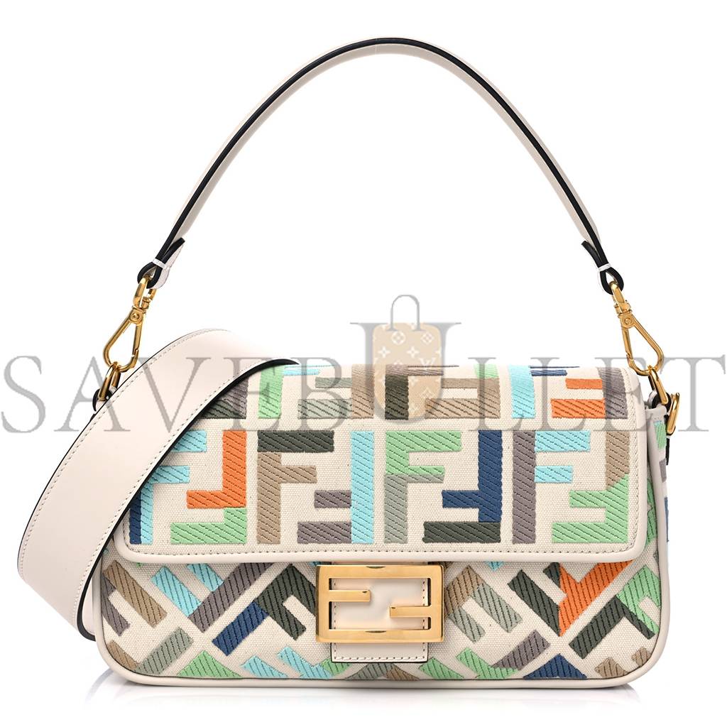 FENDI KUBAN CANVAS VITELLO KING FF EMBROIDERED BAGUETTE LATTE MULTICOLOR (27*13*6cm) FENDI KUBAN CANVAS VITELLO KING FF EMBROIDERED BAGUETTE LATTE MULTICOLOR (27*13*6cm)
