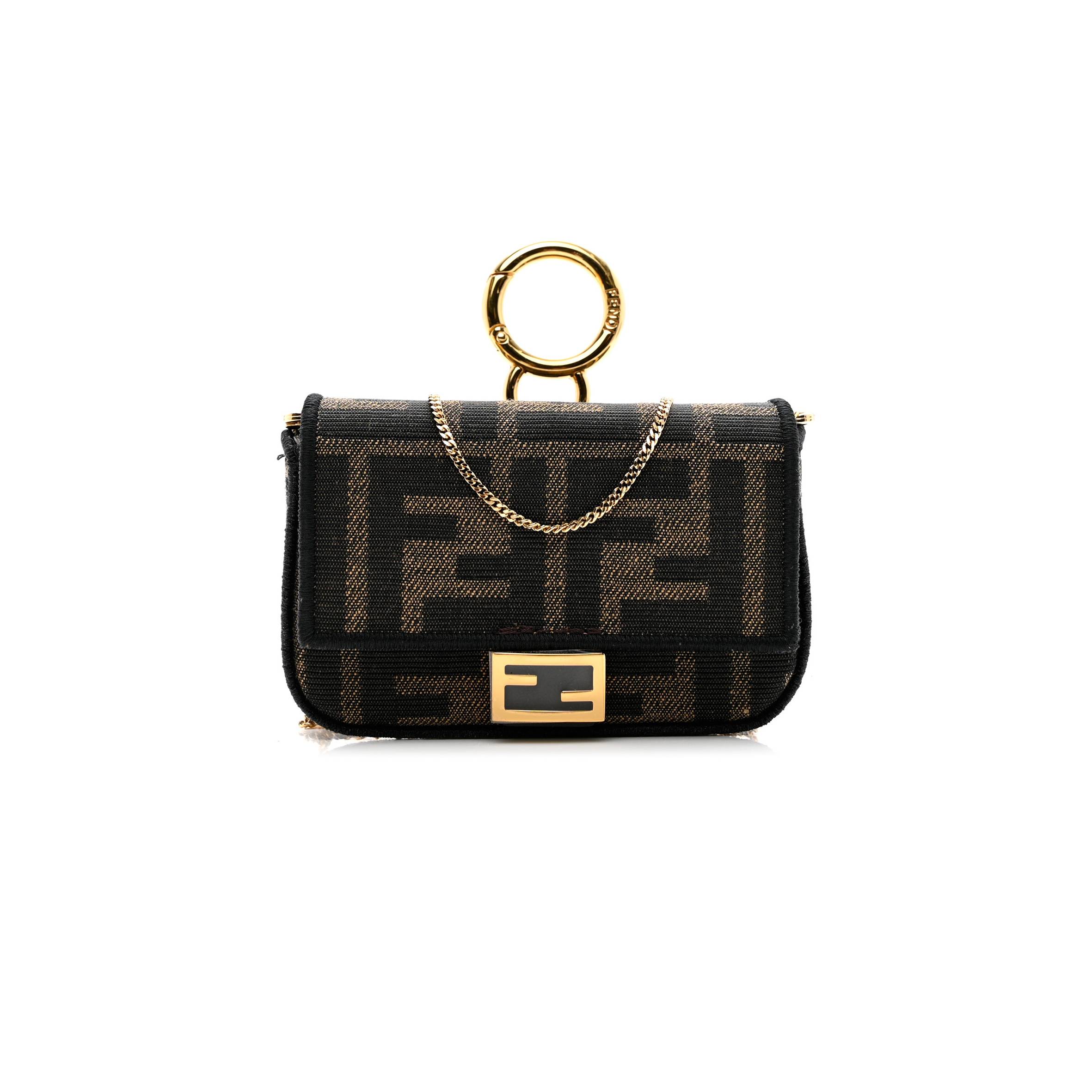 FENDI FABRIC JACQUARD FF 1974 NANO BAGUETTE CHARM TOBACCO MORO BLACK (10*6*3cm) FENDI FABRIC JACQUARD FF 1974 NANO BAGUETTE CHARM TOBACCO MORO BLACK (10*6*3cm)