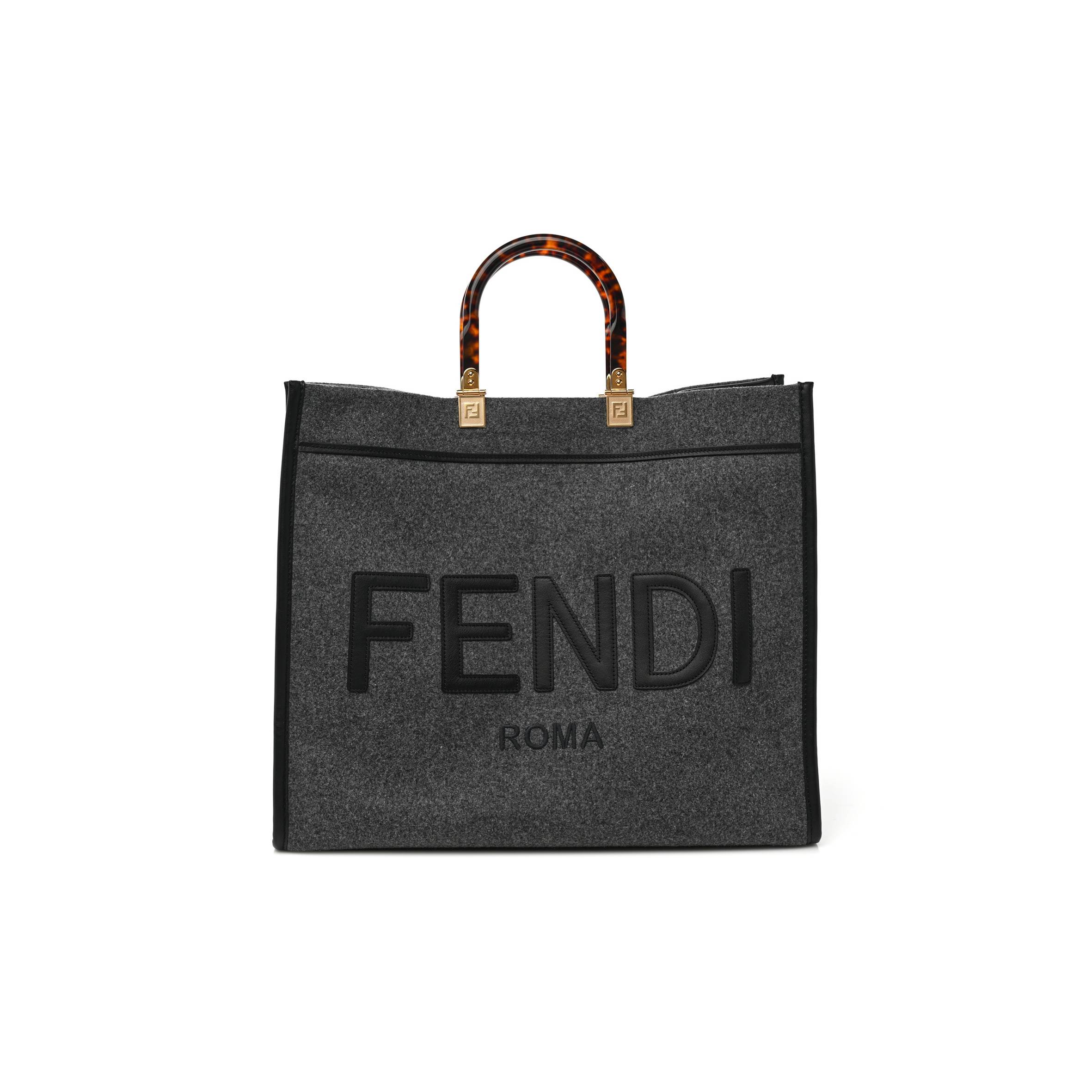 FENDI MELANGE FLANNEL PLEXIGLASS SATIN LOGO EMBROIDERED THREADED EDGE MEDIUM FENDI SUNSHINE SHOPPER TOTE GRIGIO BLACK (40*34*20cm) FENDI MELANGE FLANNEL PLEXIGLASS SATIN LOGO EMBROIDERED THREADED EDGE MEDIUM FENDI SUNSHINE SHOPPER TOTE GRIGIO BLACK (40*34*20cm)