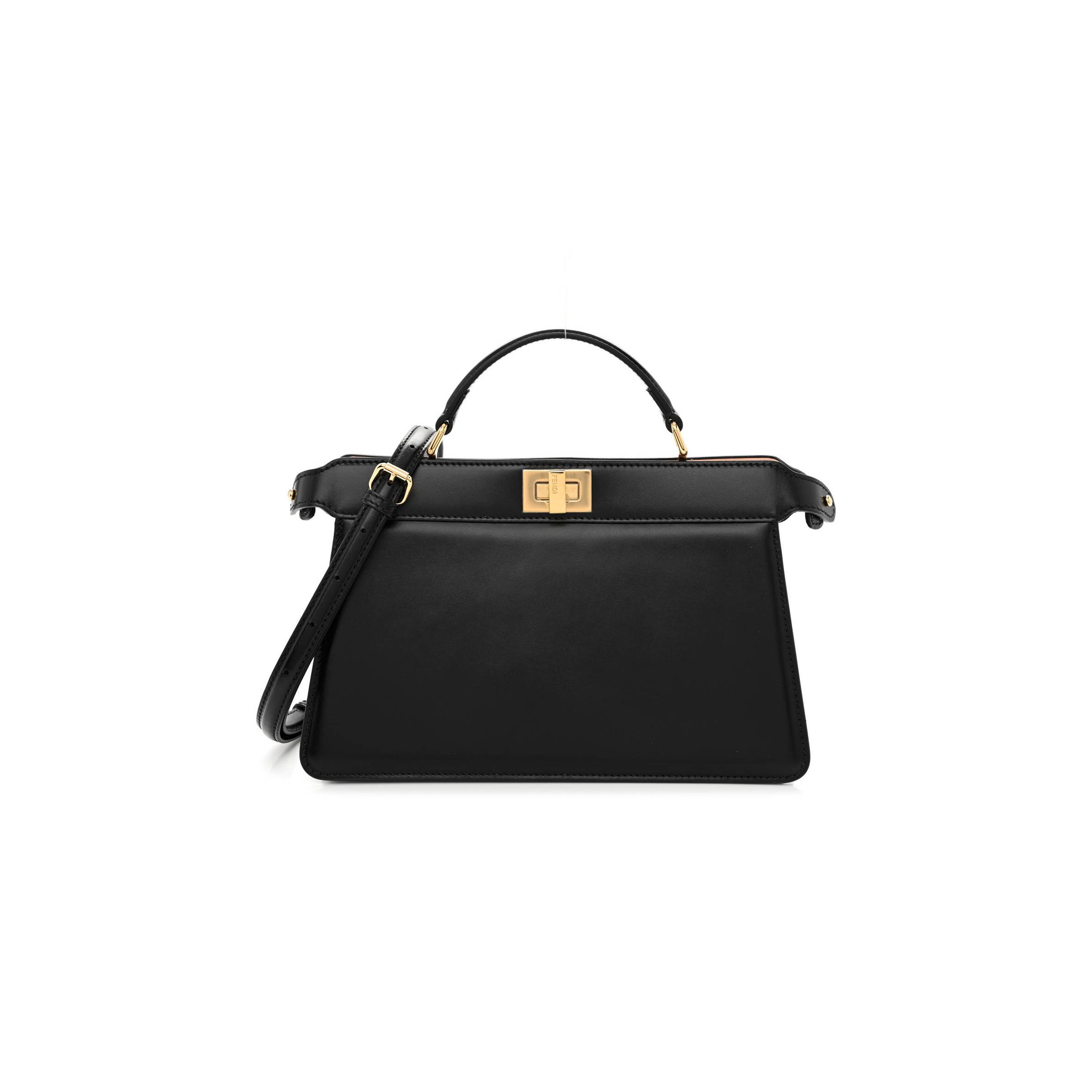 FENDI VITELLO KING LUXOR SHINY NAPPA MEDIUM PEEKABOO I SEE U EAST WEST SATCHEL BLACK LIGHT ROSE (29*18*11cm) FENDI VITELLO KING LUXOR SHINY NAPPA MEDIUM PEEKABOO I SEE U EAST WEST SATCHEL BLACK LIGHT ROSE (29*18*11cm)